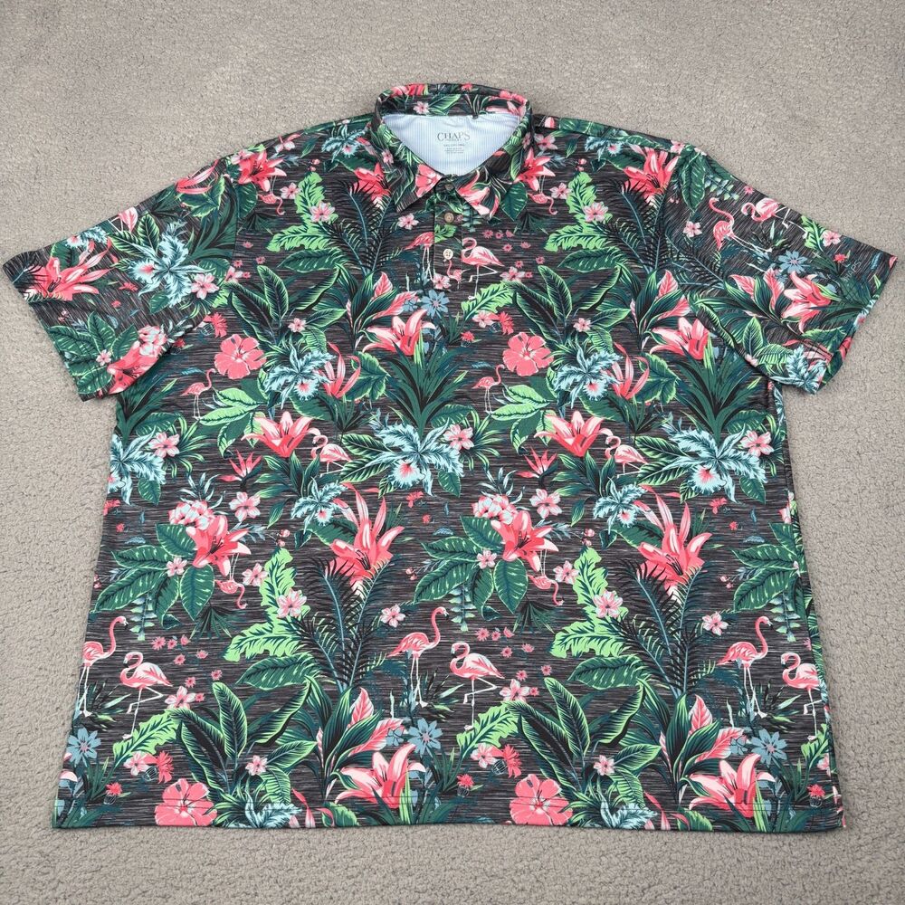 Chaps Polo Shirt Mens 2XL Green Flamingo Floral Everyday Performance Golf Resort